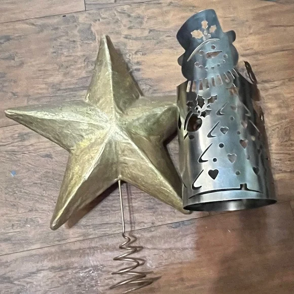 Tin Cut Out Snowman Candle Cover Gold Papier-Mâché tree Topper Christmas Decor - Picture 6 of 16
